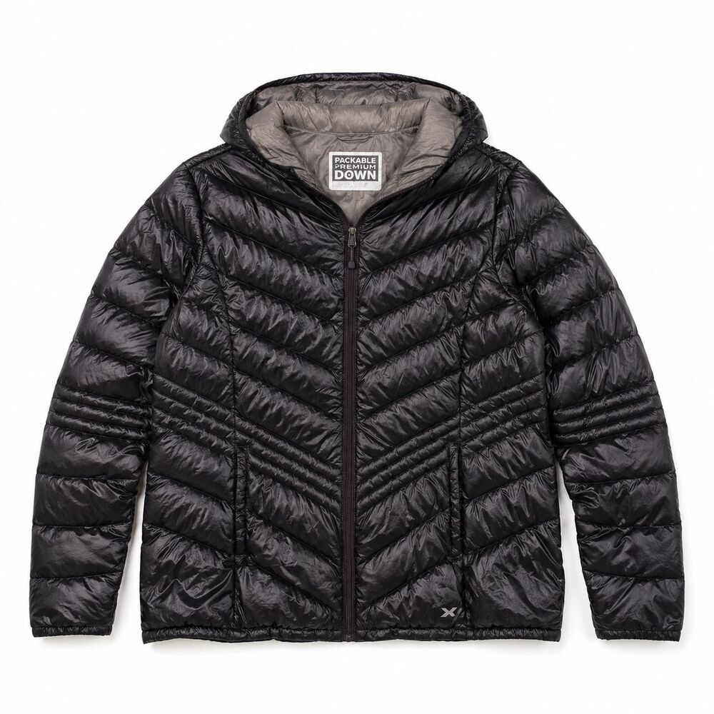Packable Down Jacket Xersion Women's Size Large Black Quilted Hooded Excellent